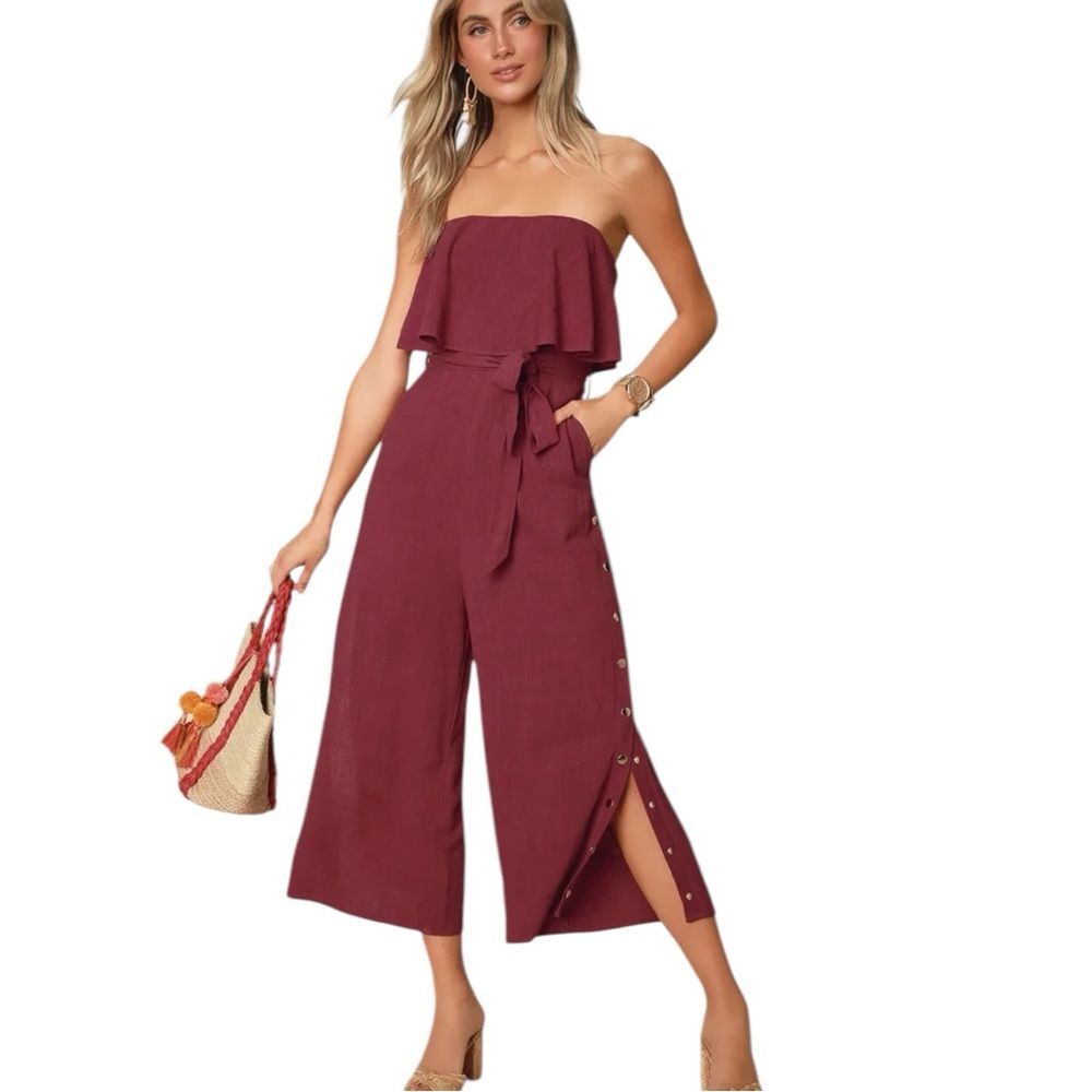 Lulus Lanah Burgundy Strapless Jumpsuit Size Small